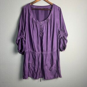 a.n.a. Satin Tunic Top Dress Roll Tab Sleeve Drawstring Cinched Waist Purple‎ 1X